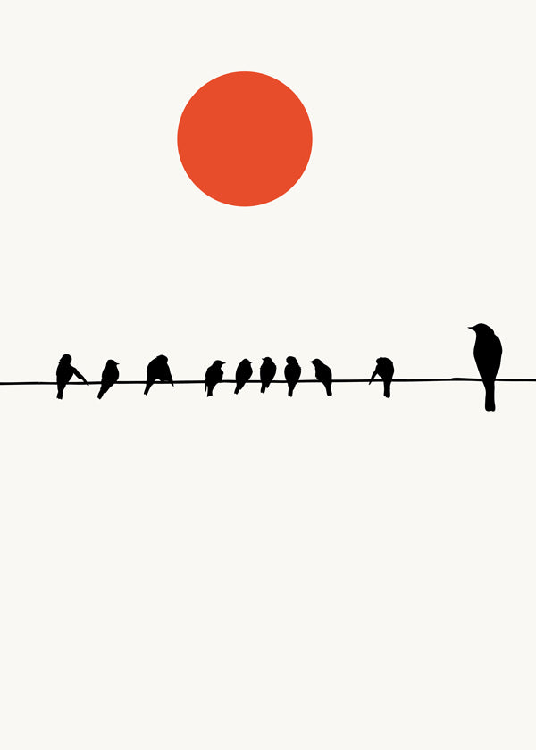 Minimalistisk plakat fugle på ledning og rød sol