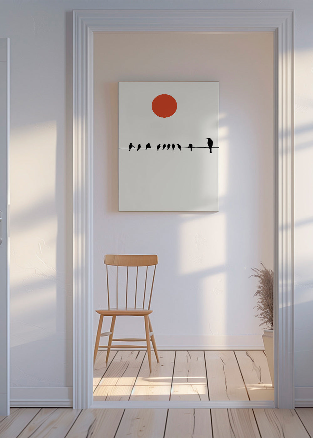 Minimalistisk plakat fugle på ledning og rød sol