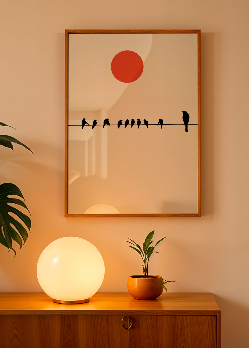 Minimalistisk plakat fugle på ledning og rød sol