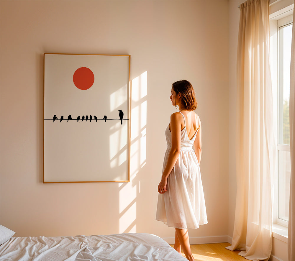 Minimalistisk plakat fugle på ledning og rød sol