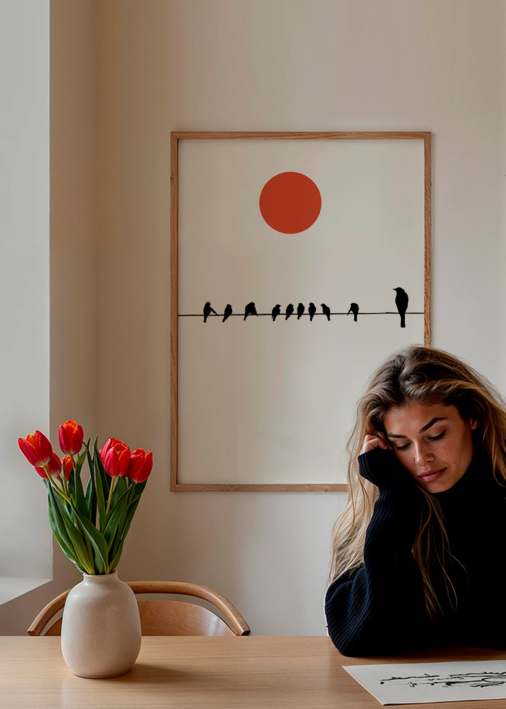 Minimalistisk plakat fugle på ledning og rød sol