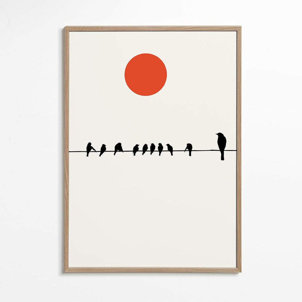 Minimalistisk plakat fugle på ledning og rød sol