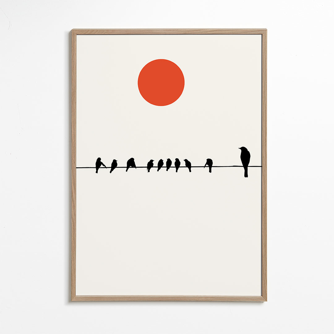 Minimalistisk plakat fugle på ledning og rød sol