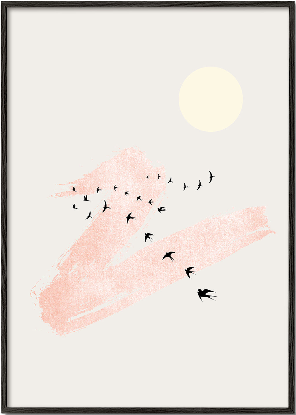 Illustration af flyvende fugle med rosa penselstrøg