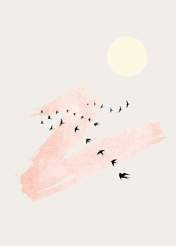 Illustration af flyvende fugle med rosa penselstrøg