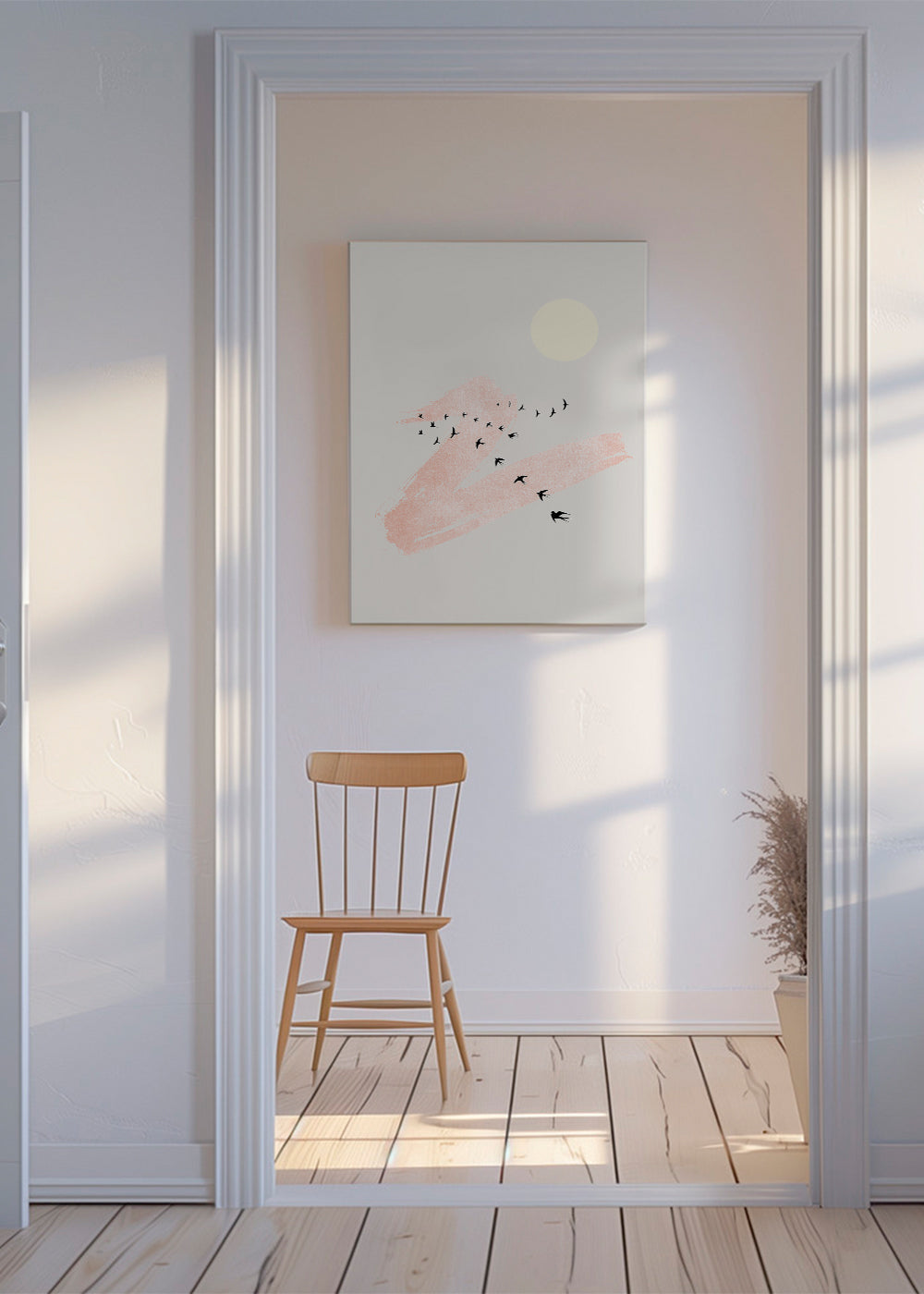 Illustration af flyvende fugle med rosa penselstrøg