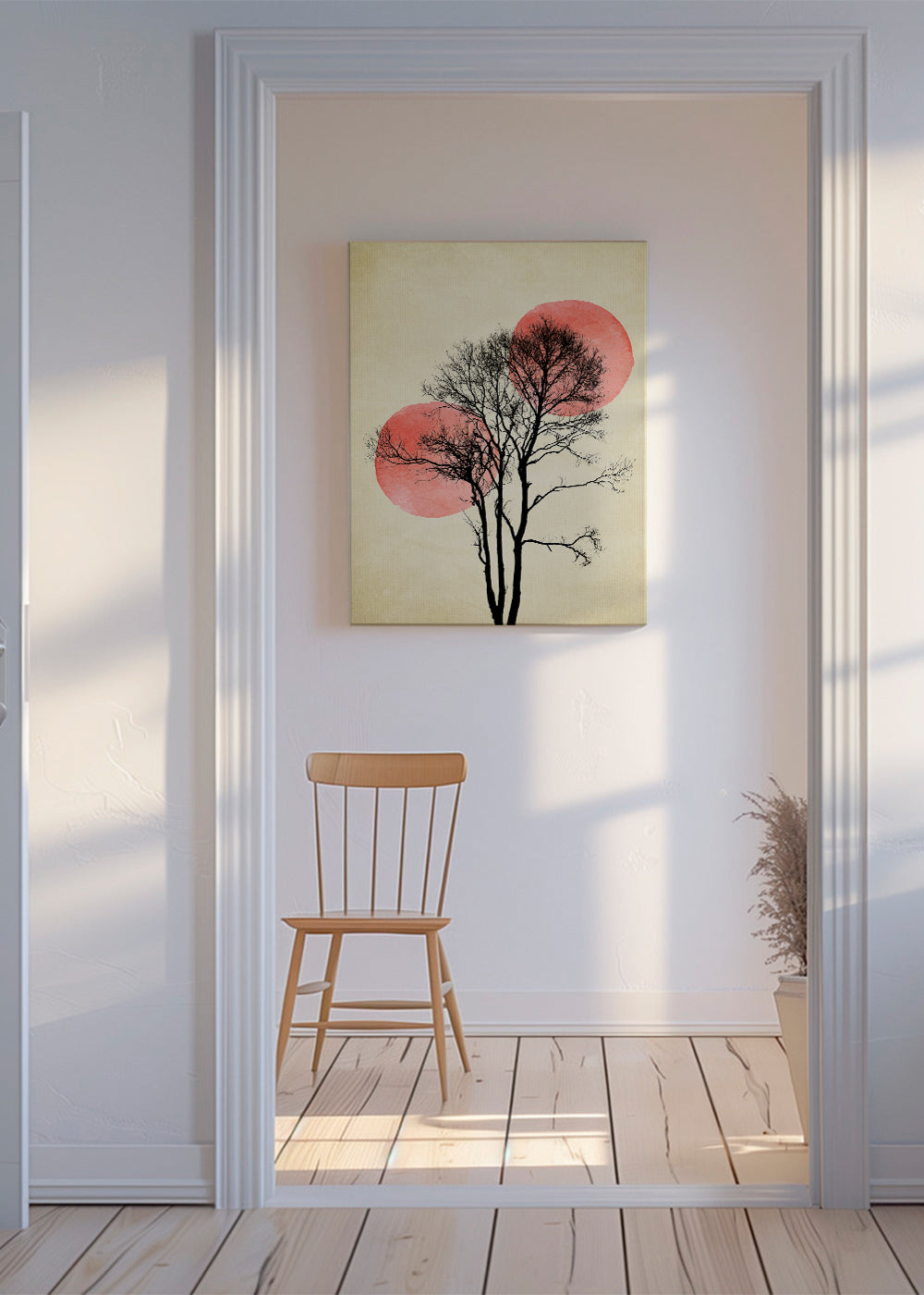 Botanisk plakat træ i silhuet med koralmåner