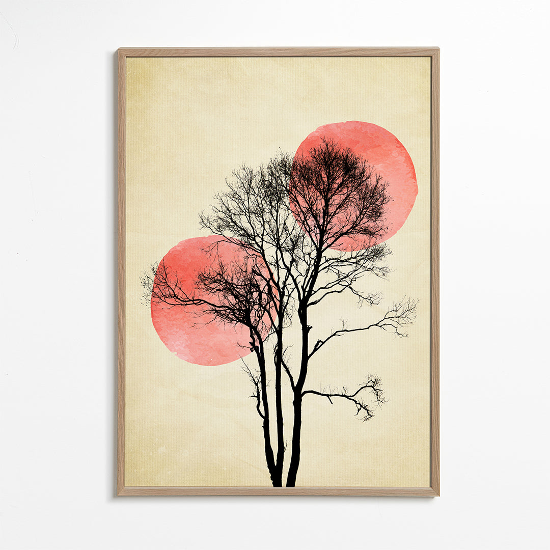Botanisk plakat træ i silhuet med koralmåner