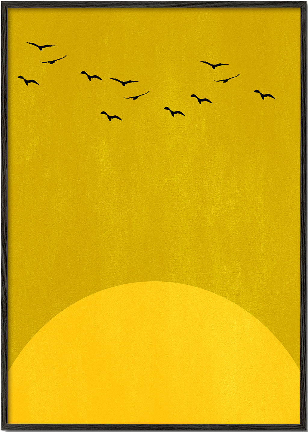 Minimal landskab med sol og fugle