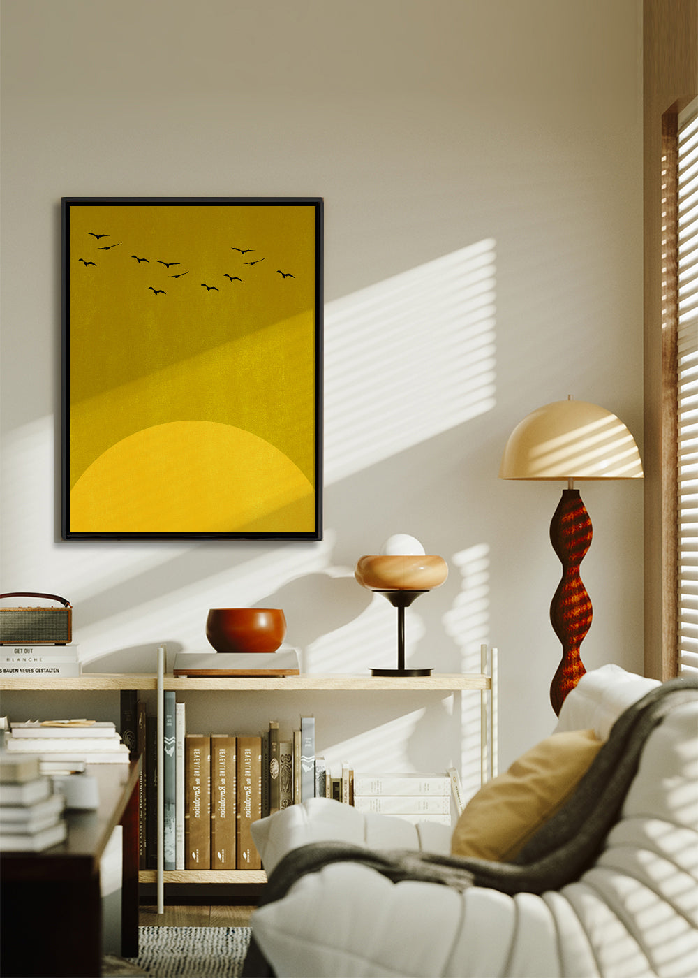 Minimal landskab med sol og fugle