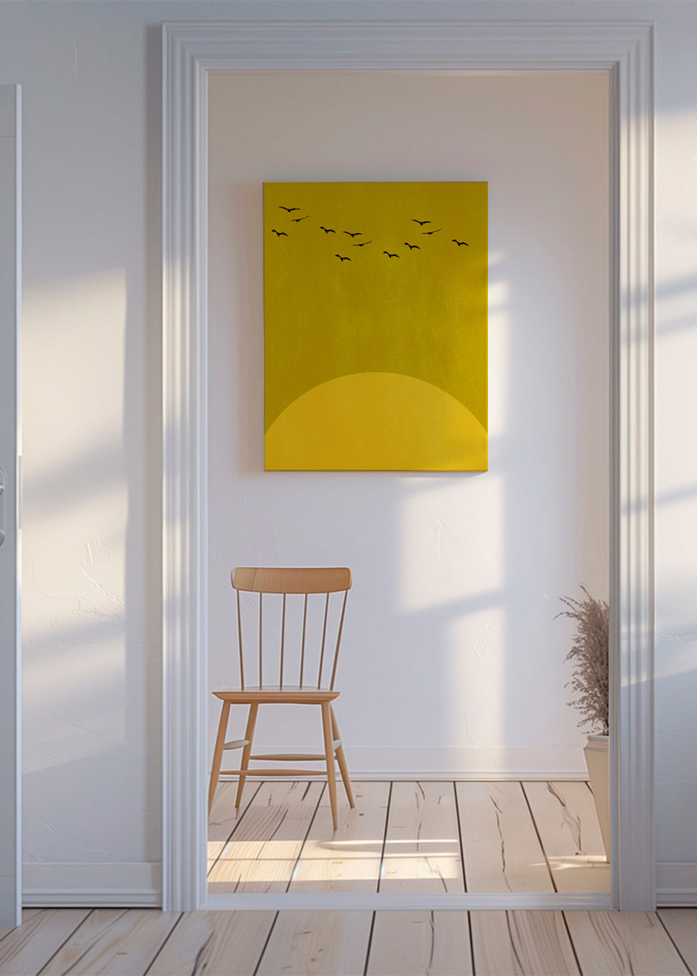 Minimal landskab med sol og fugle