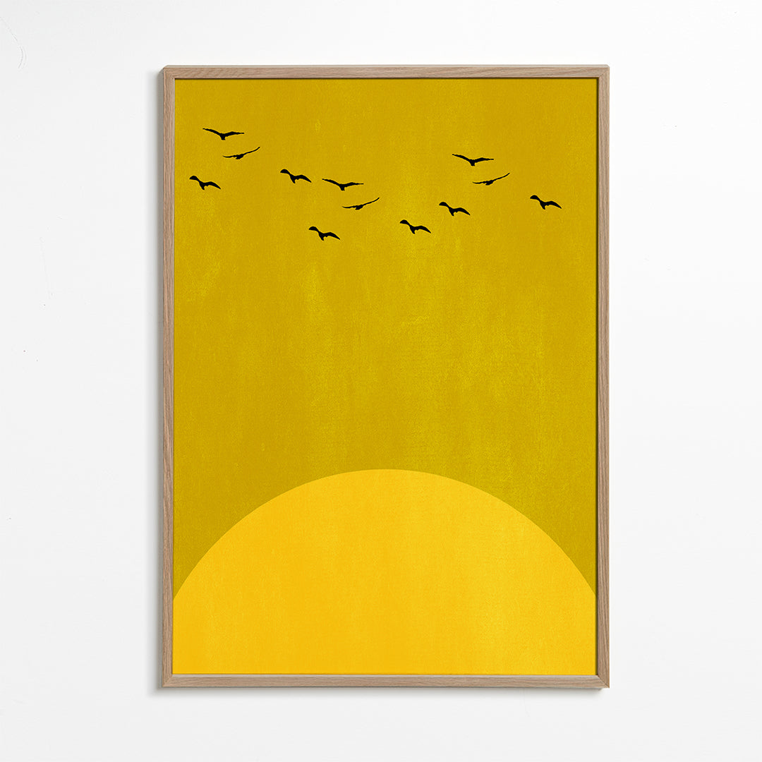 Minimal landskab med sol og fugle
