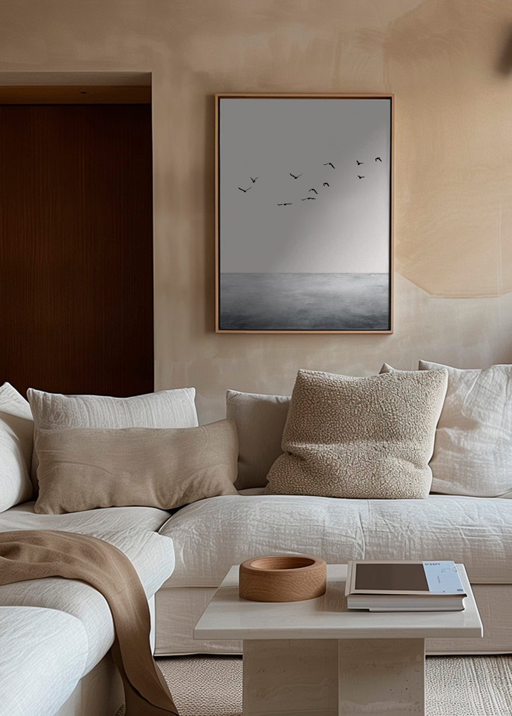 Minimalistisk print med flyvende fugle over rolig horisont