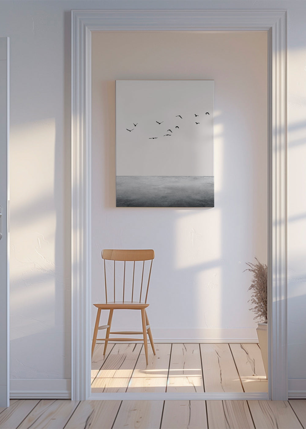 Minimalistisk print med flyvende fugle over rolig horisont