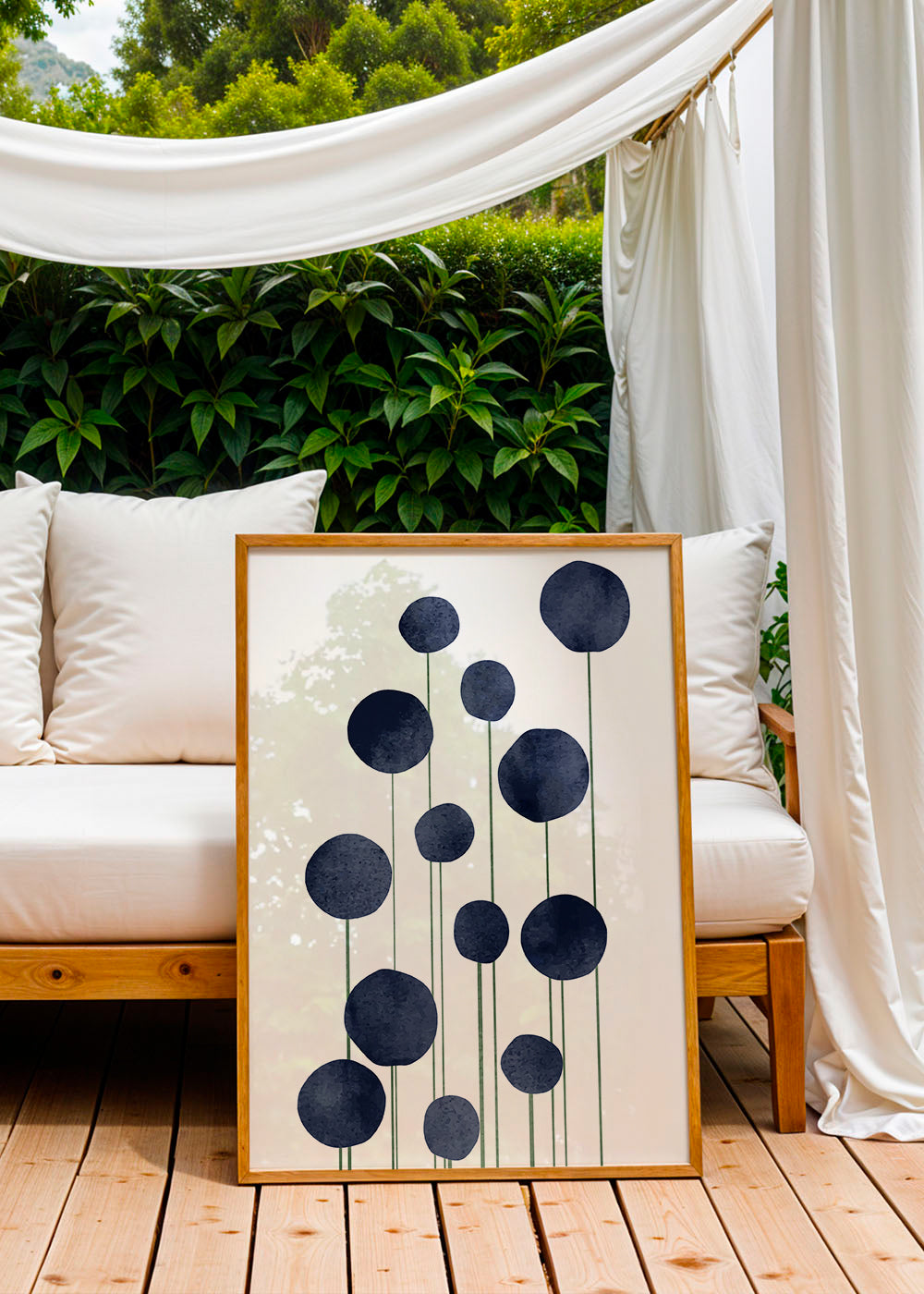 Botanisk plakat med marineblå cirkler
