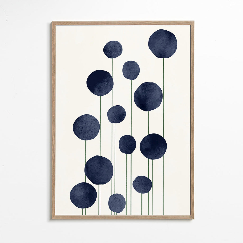Botanisk plakat med marineblå cirkler