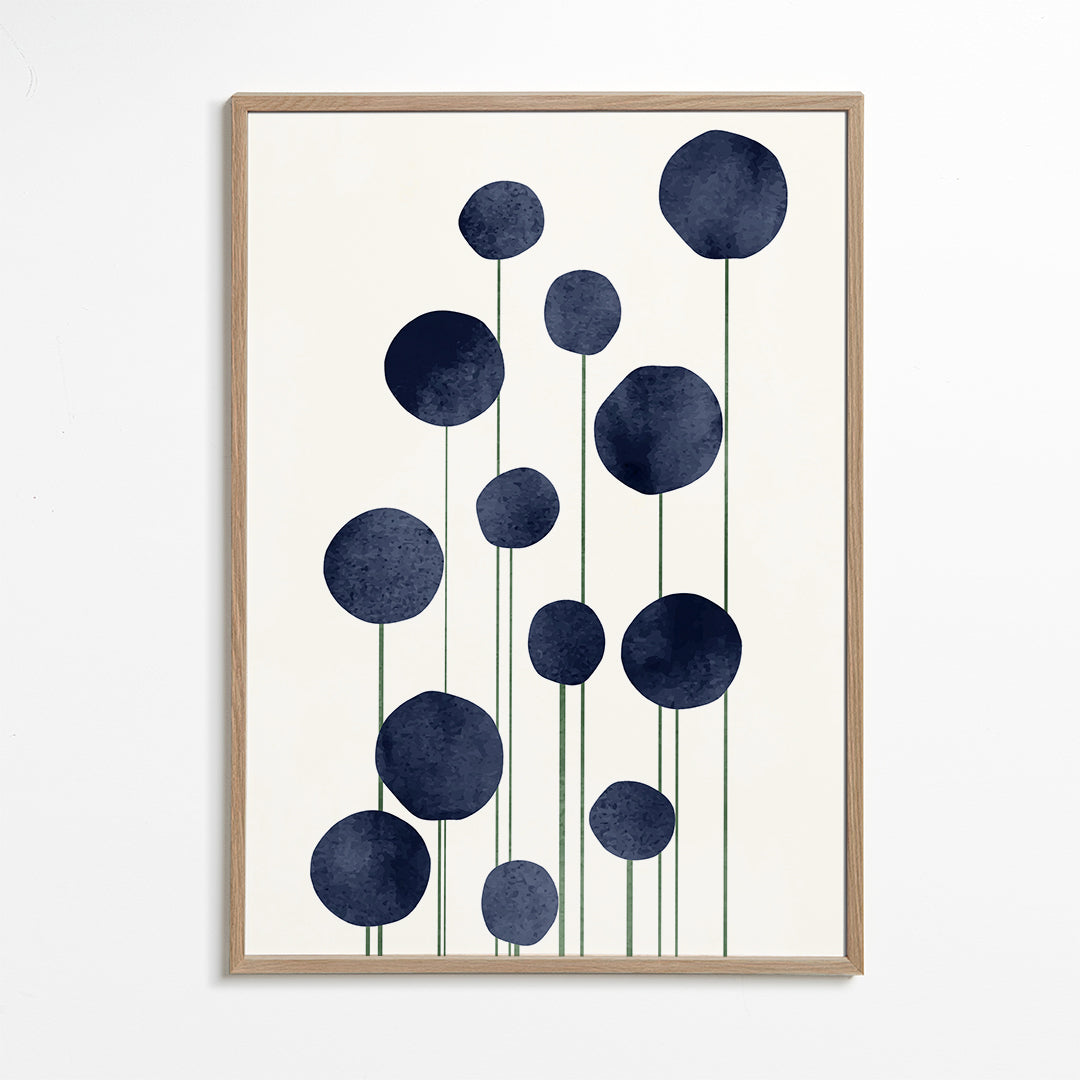 Botanisk plakat med marineblå cirkler