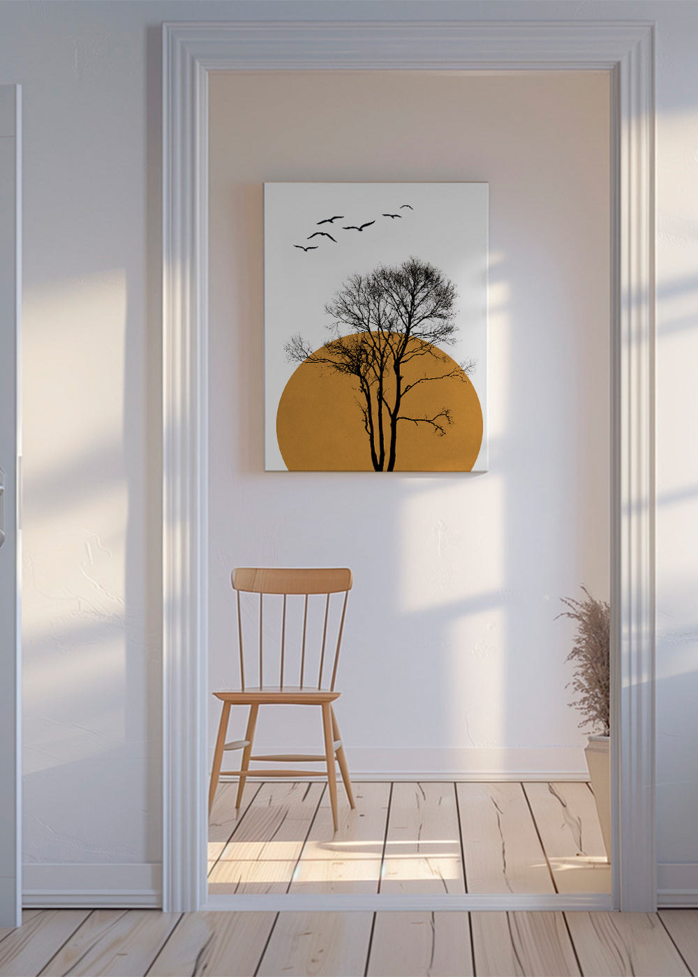 Landskabskunst med træ-silhuet og orange sol