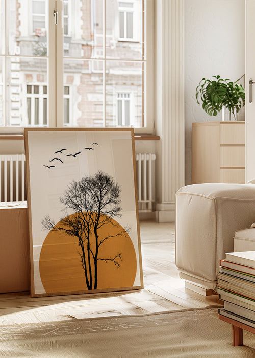 Landskabskunst med træ-silhuet og orange sol