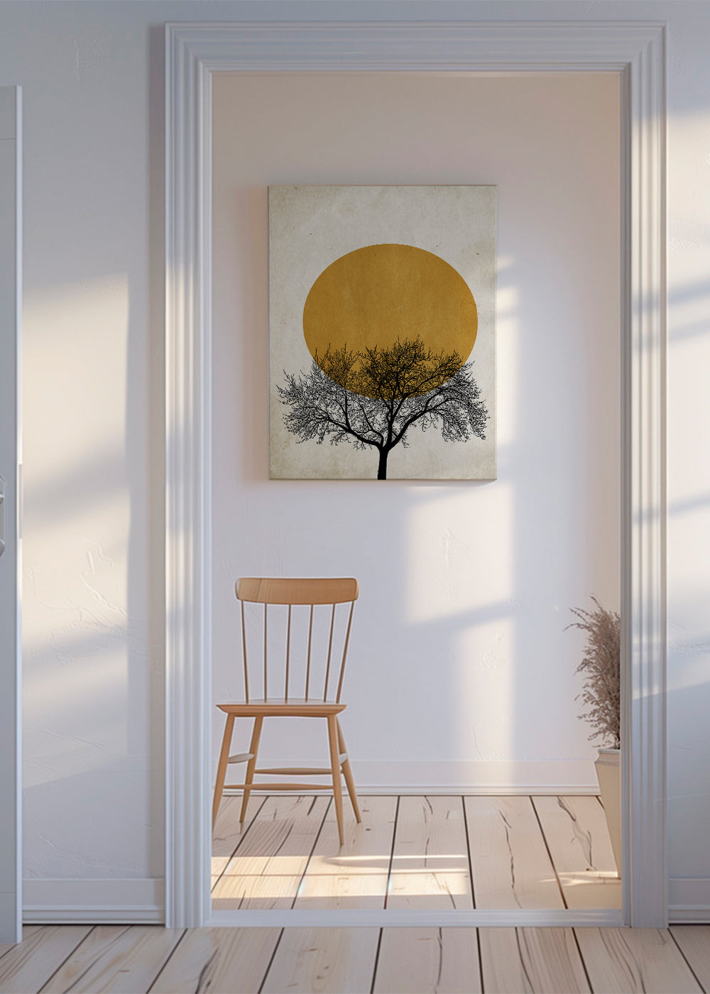 Landskabstavle med geometrisk sol og træ-silhuet