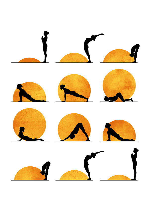 Afslappende yoga-design med sol-silhuetter