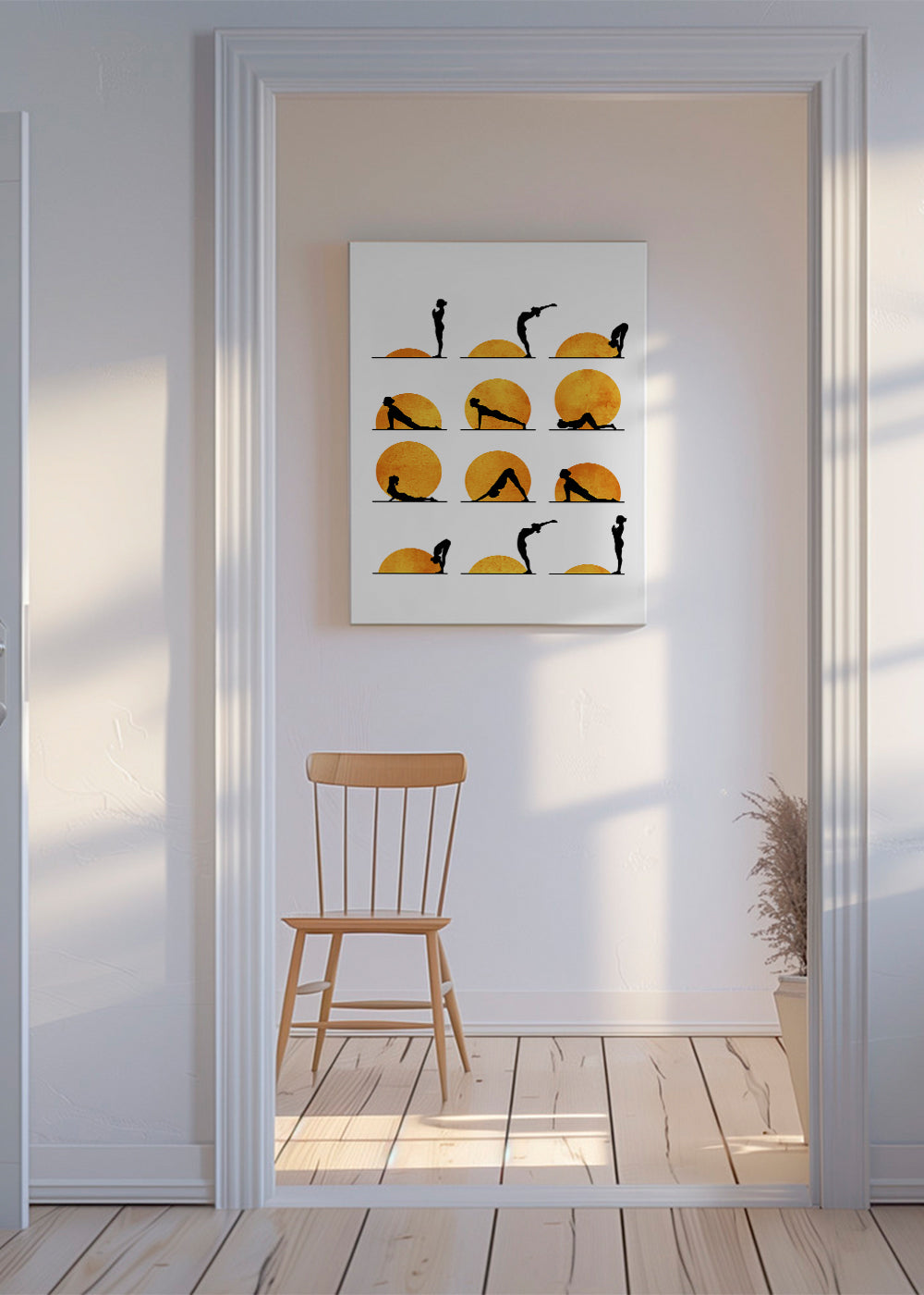 Afslappende yoga-design med sol-silhuetter