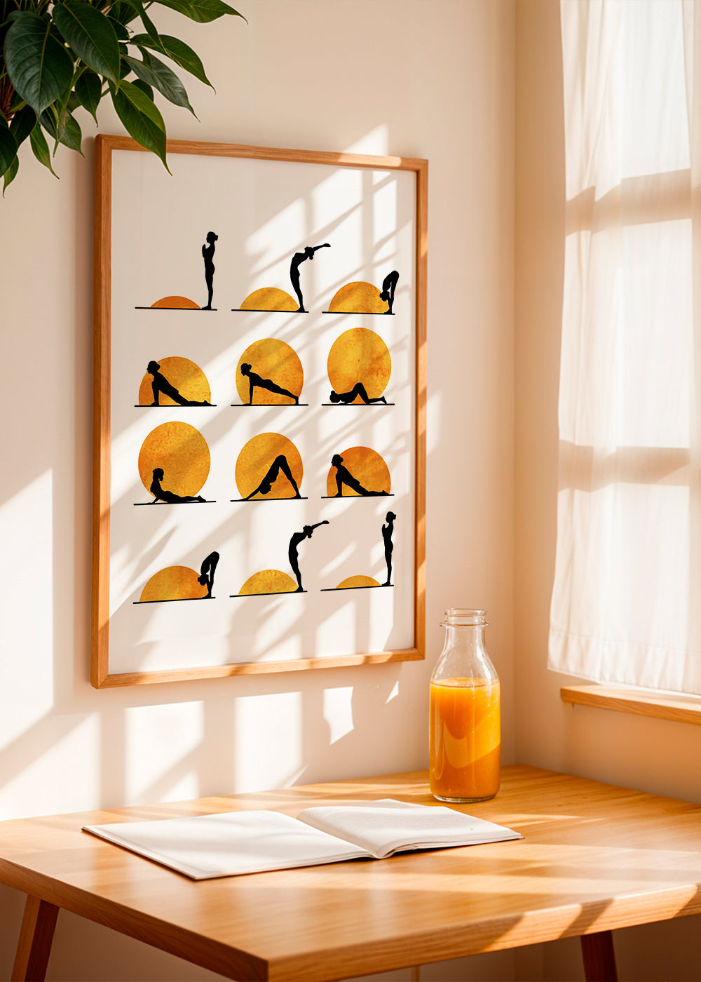 Afslappende yoga-design med sol-silhuetter