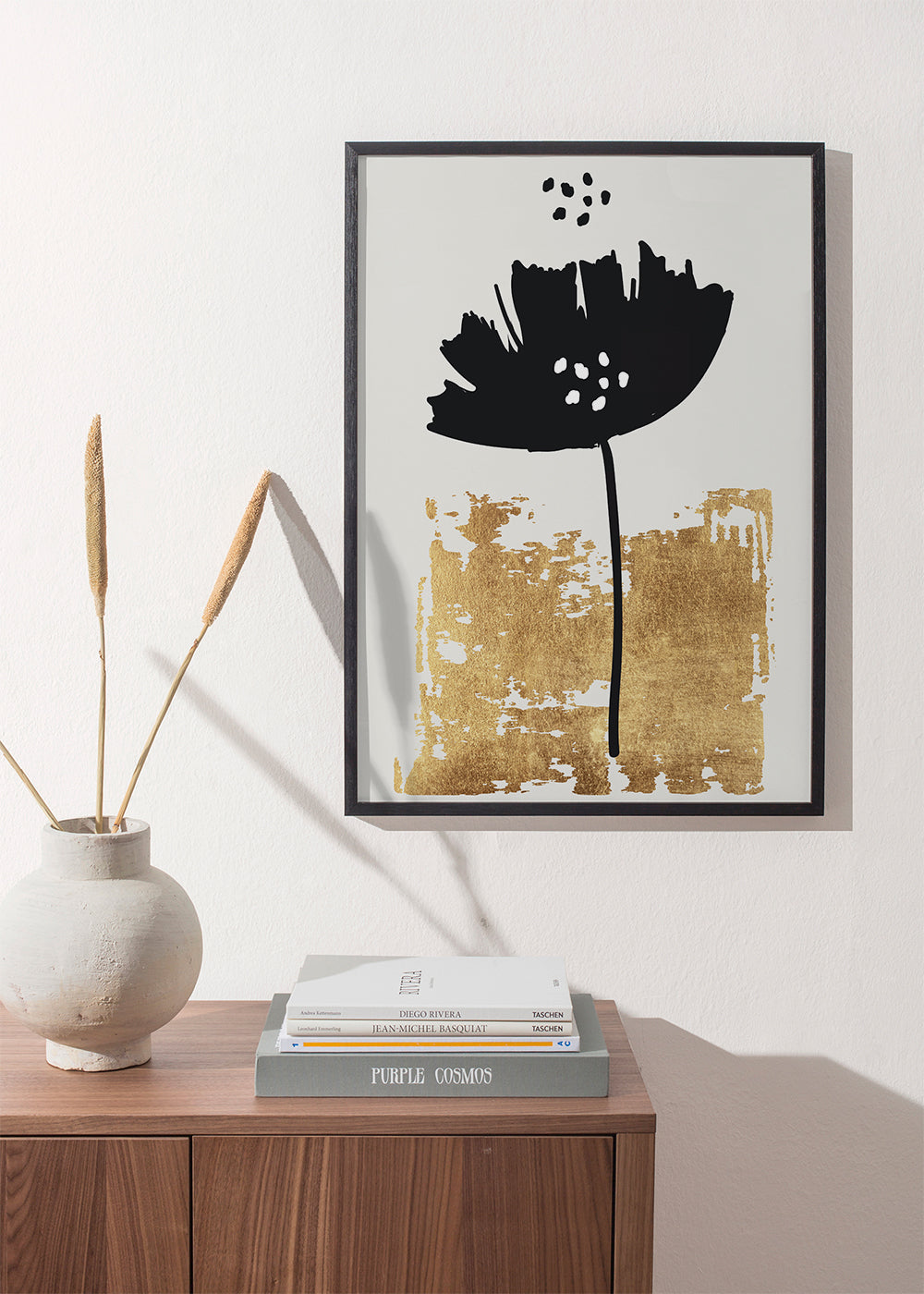 Botanisk plakat: sort valmue med gylden struktur