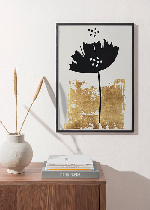 Botanisk plakat: sort valmue med gylden struktur