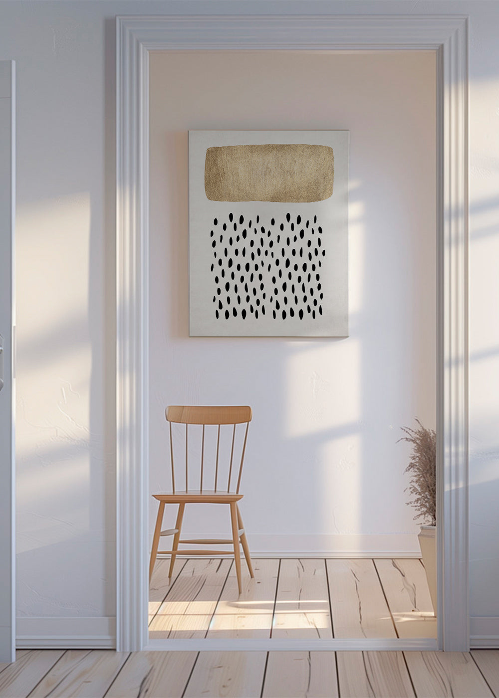 Minimalistisk design med gyldent blok og sorte motiver