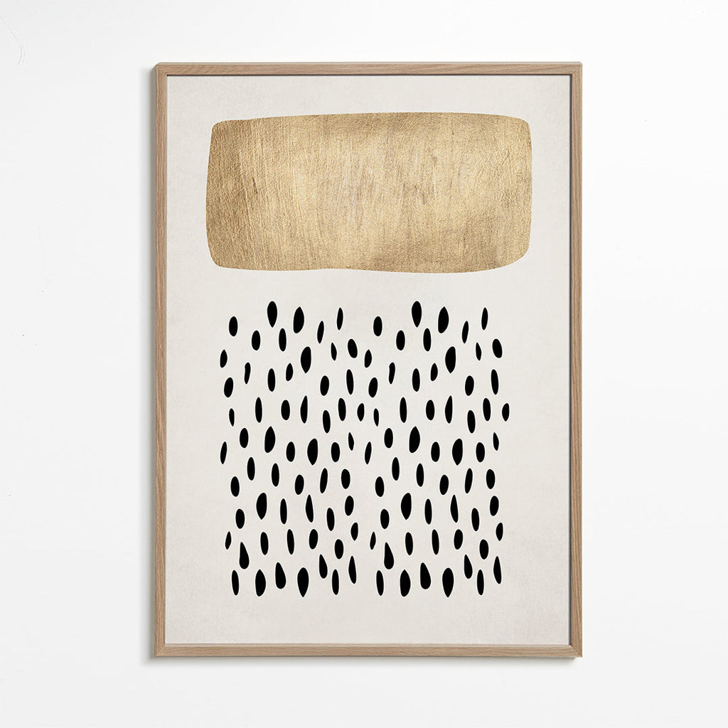 Minimalistisk design med gyldent blok og sorte motiver