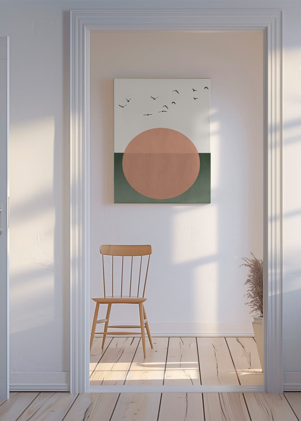 Abstrakt billede med koral cirkel og fugle