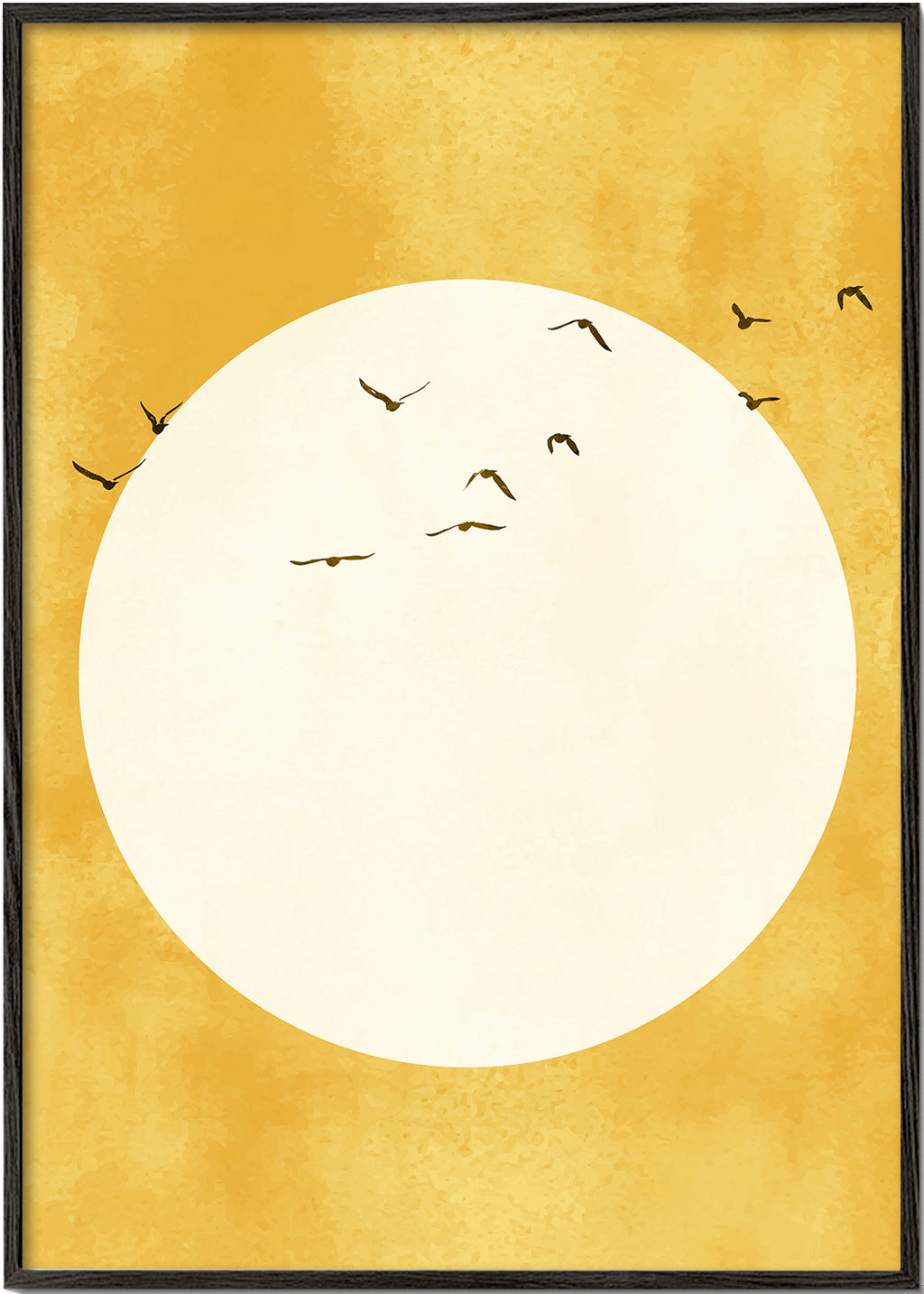 Minimalistisk solcirkel-billede med fugle