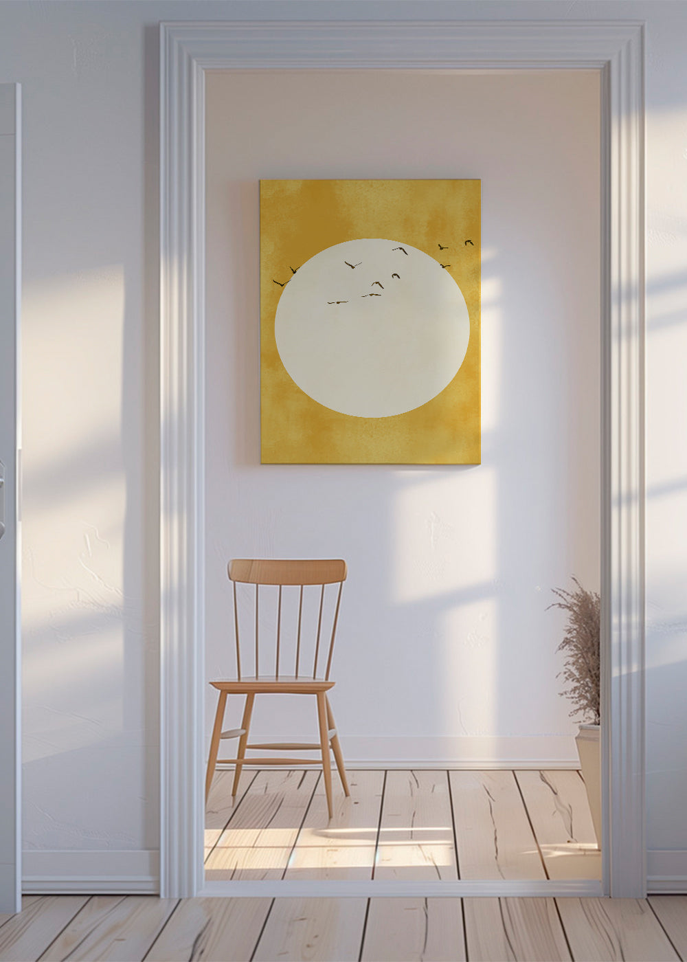 Minimalistisk solcirkel-billede med fugle