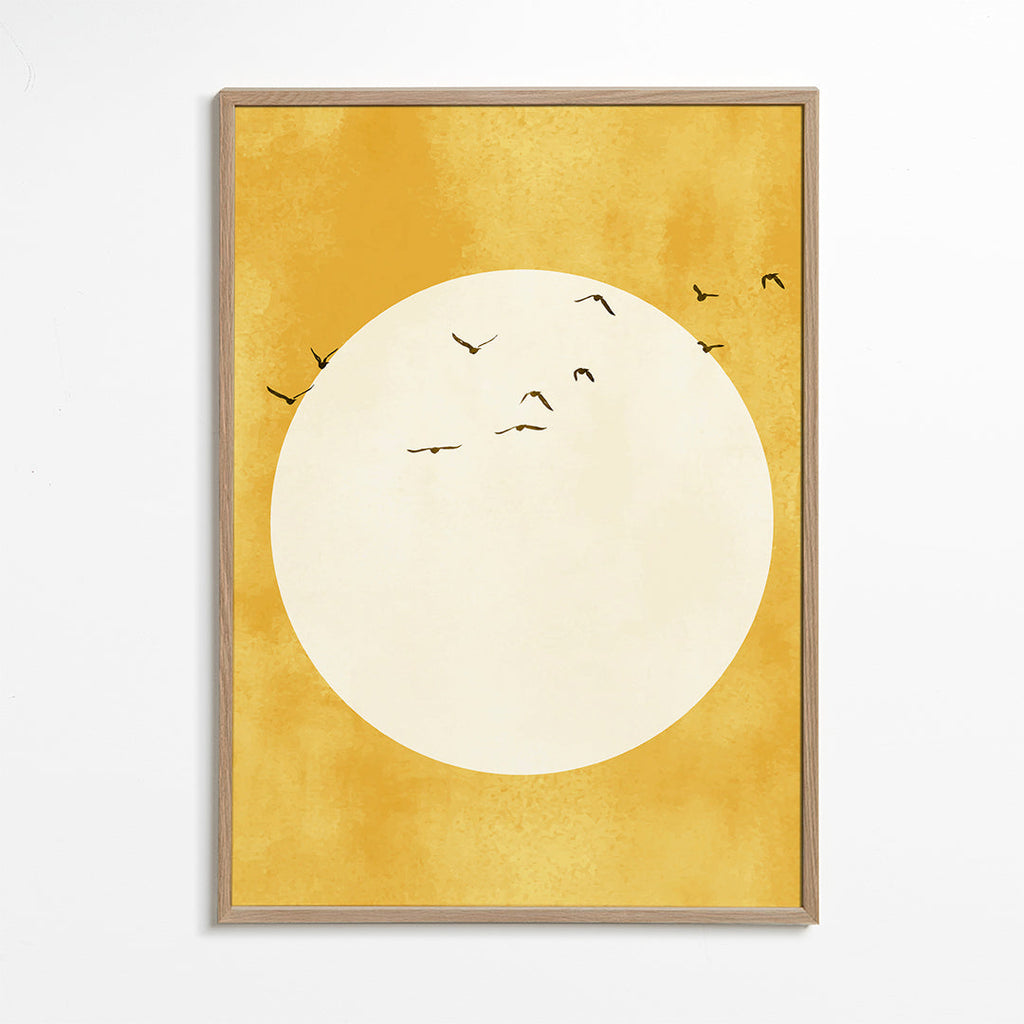 Minimalistisk solcirkel-billede med fugle