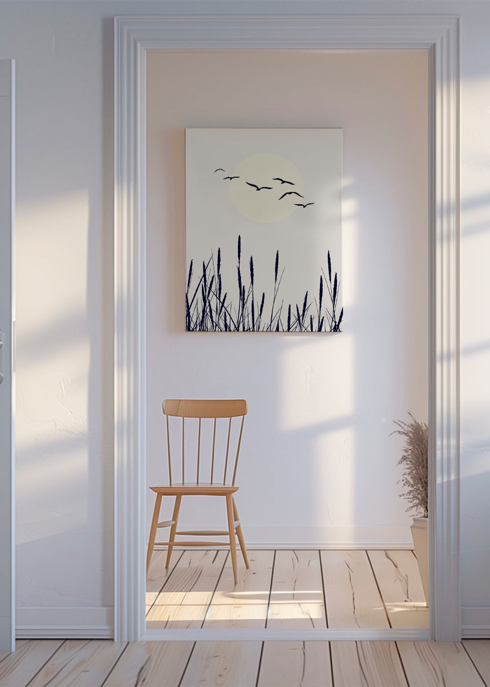 Botanisk plakat med siv og solopgang