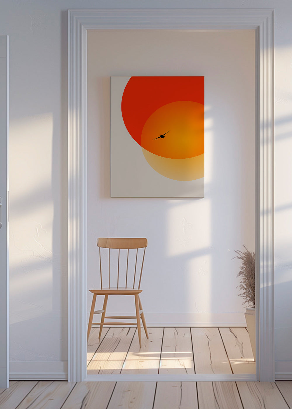Landskab med geometrisk sol og måge