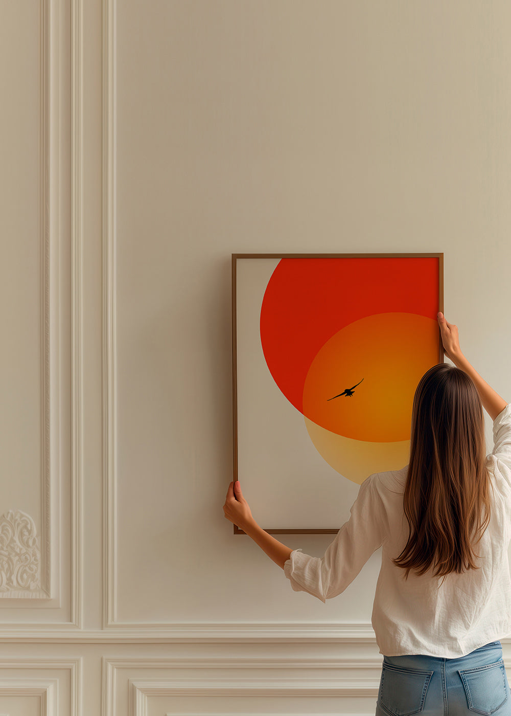 Landskab med geometrisk sol og måge