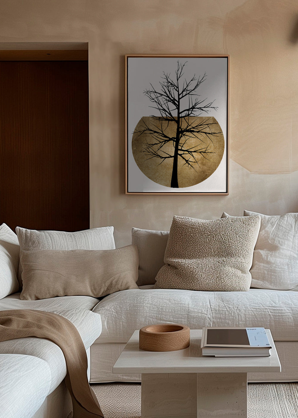 Botanisk plakat med træ-silhuet og gyldent disk