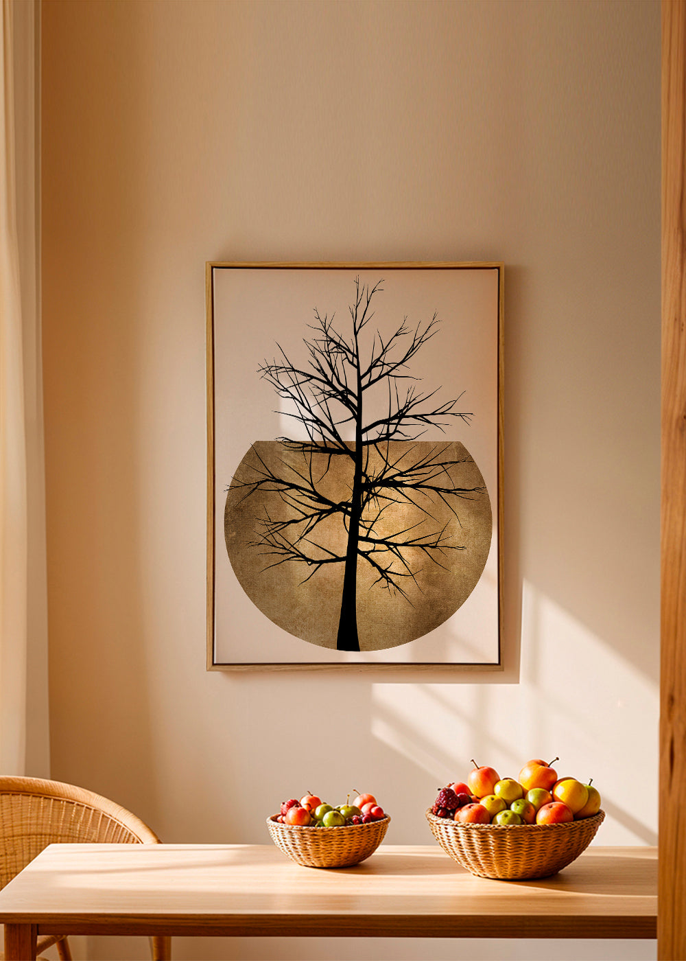 Botanisk plakat med træ-silhuet og gyldent disk