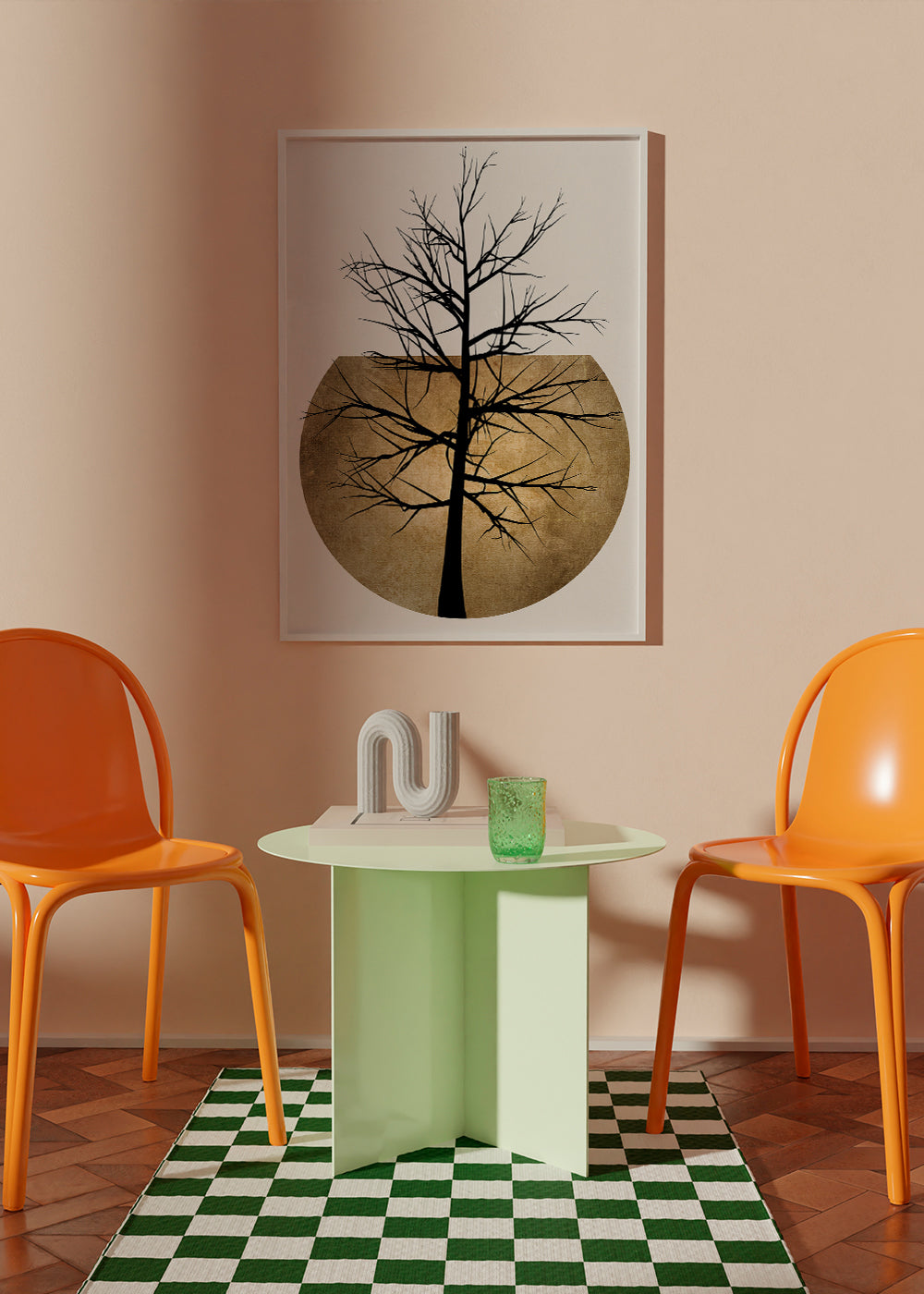 Botanisk plakat med træ-silhuet og gyldent disk