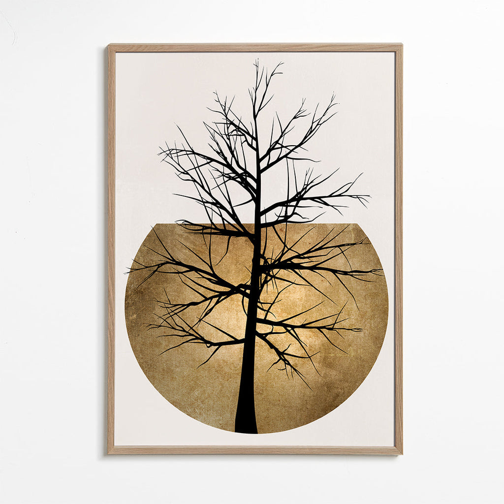 Botanisk plakat med træ-silhuet og gyldent disk