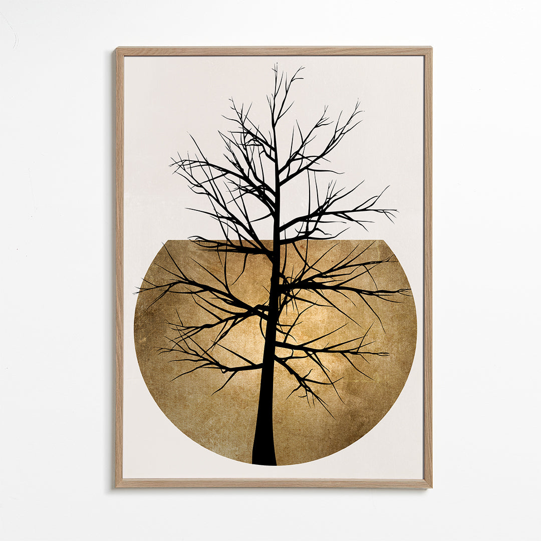 Botanisk plakat med træ-silhuet og gyldent disk