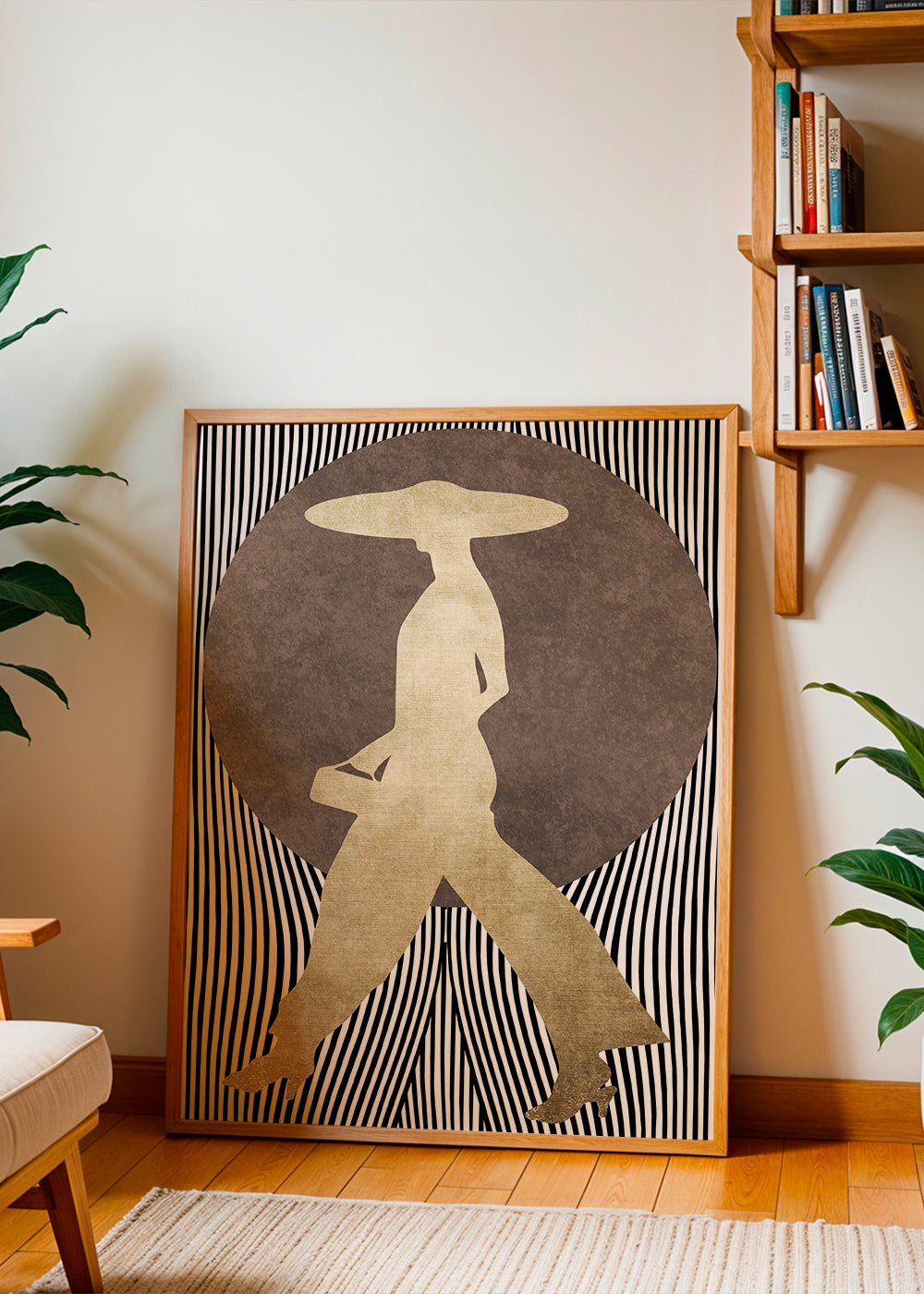 Modeillustration med gylden silhuet og grafisk baggrund