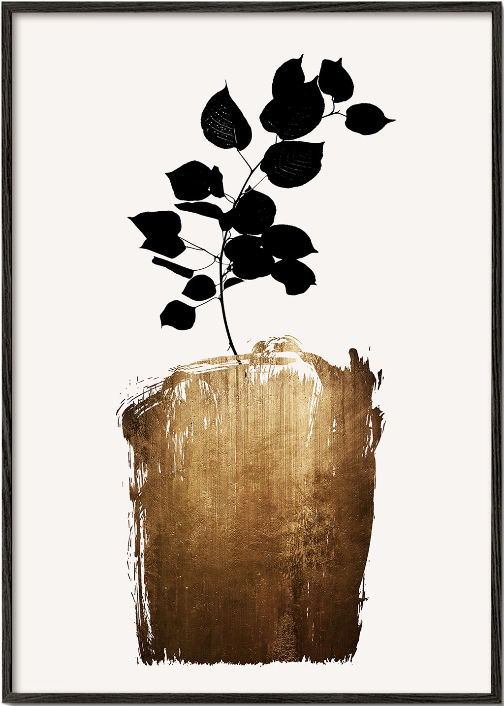 Botanisk plakat med sort blad og guldfarvet penselstrøg