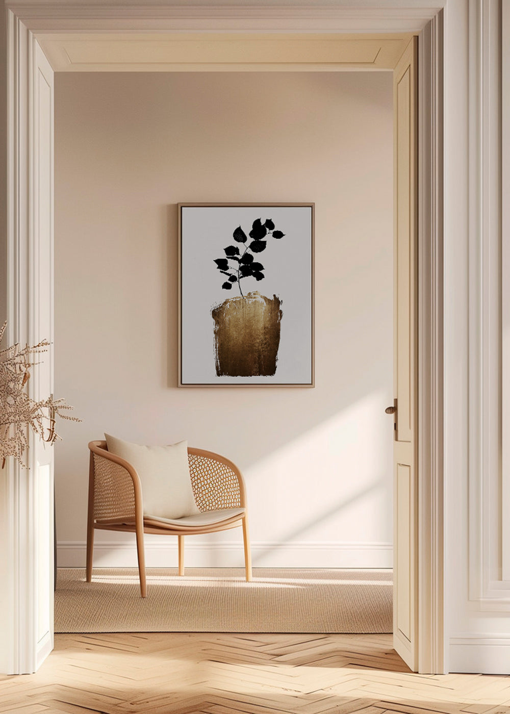 Botanisk plakat med sort blad og guldfarvet penselstrøg