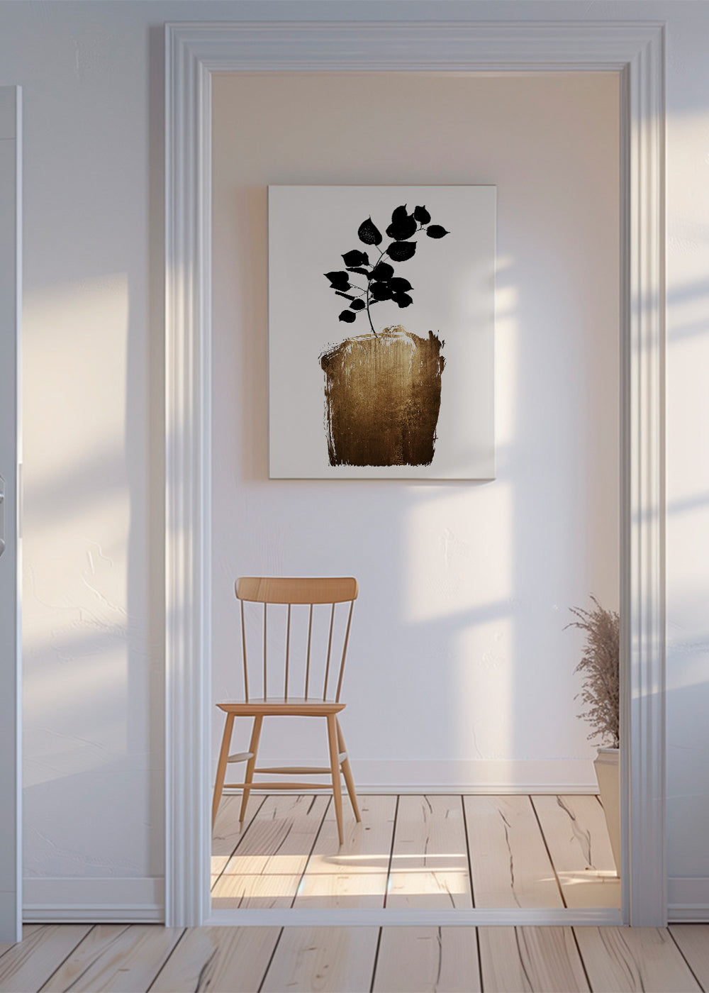 Botanisk plakat med sort blad og guldfarvet penselstrøg