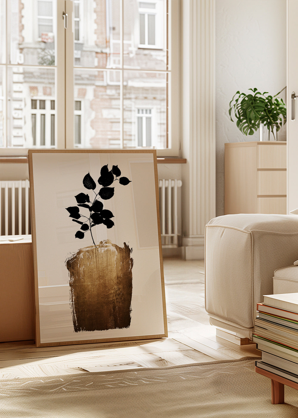 Botanisk plakat med sort blad og guldfarvet penselstrøg