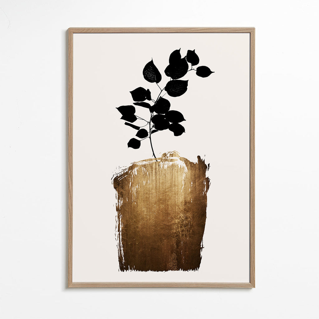 Botanisk plakat med sort blad og guldfarvet penselstrøg