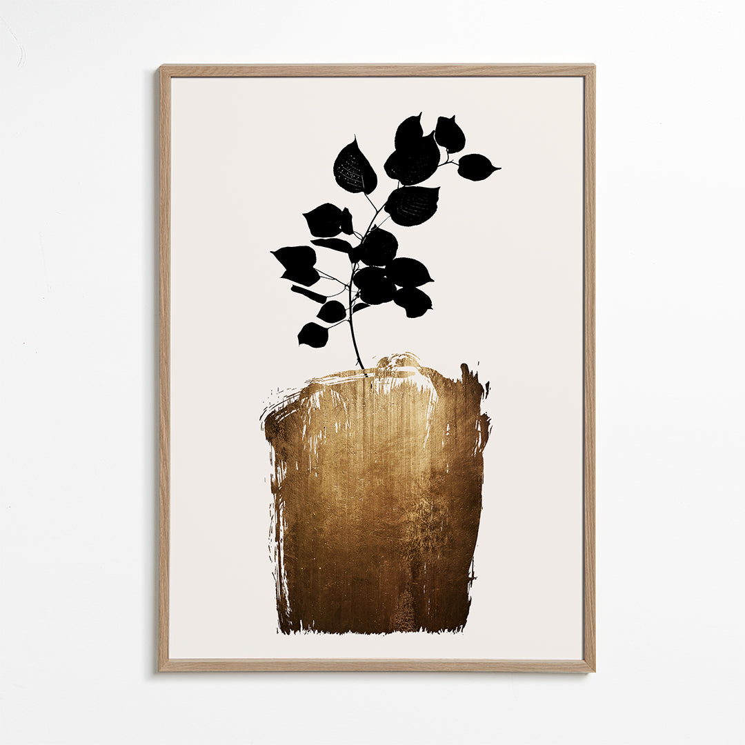 Botanisk plakat med sort blad og guldfarvet penselstrøg